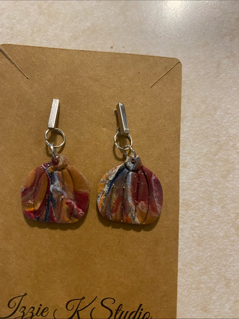 Handcrafted Multicolor Pumpkin Dangle Earrings - Red, Orange & Blue
